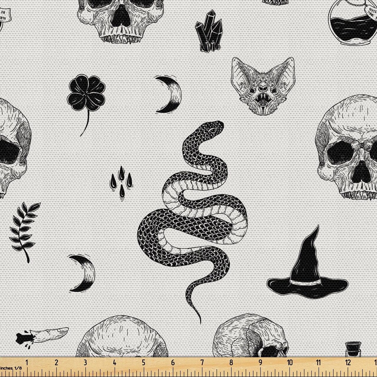Ambesonne Skull Fabric by The Yard Tattoo Art Snake Bat Snake Moon Witch Hat Poison Creepy Halloween Gothic Decorative Material for Outdoor & Indoor DIY Projects Hobby Sewing 2 Yards Coconut Charcoal